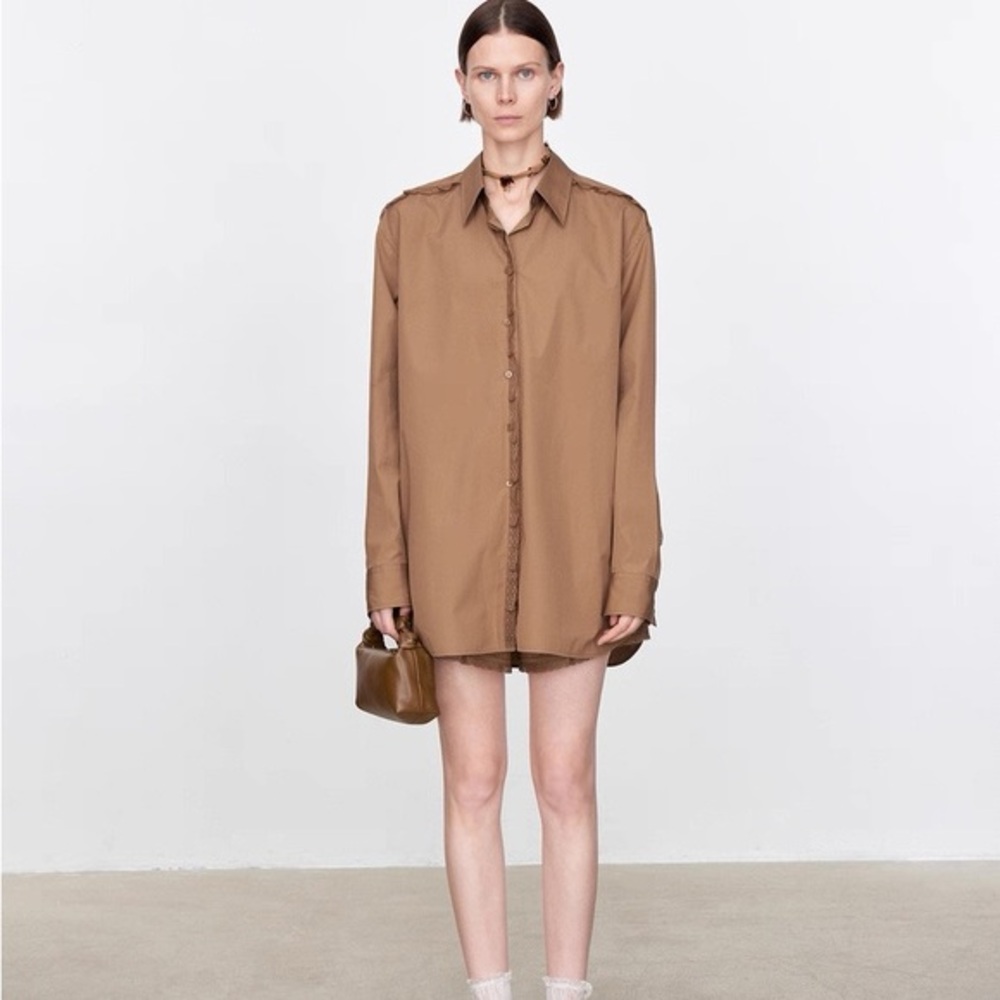 CHICJOC Supima Cotton Lace Trim Oversized Shirt Size 38 NWT Balletcore Brown
